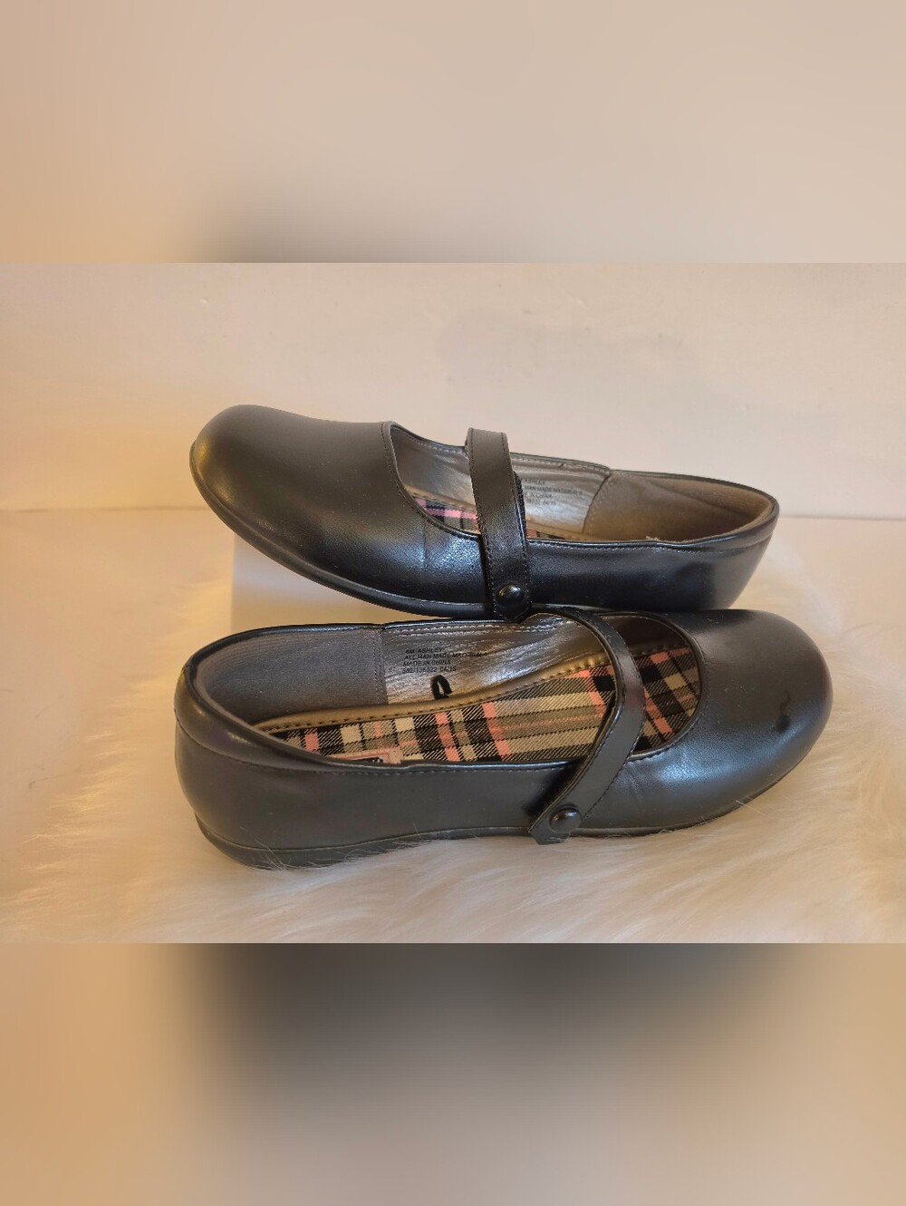 French Toast Woman's Black Mary Jane Shoes with Pink Plaid Insole